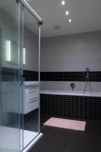 a bathroom with a shower and a bath tub at Ubytování U Jany in Zaječí