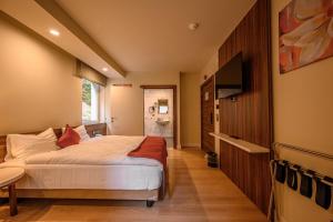 um quarto com uma cama grande e uma televisão em Hotel Schwarzbachtal Hideaway em Erlbach