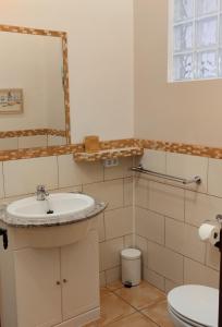 a bathroom with a sink and a mirror and a toilet at The Olive Mill in La Murada