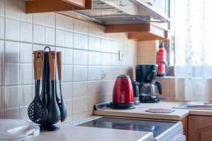 a kitchen with utensils hanging on the wall at AGGELIKI'S traditional country cottage in Topólia +59 photos