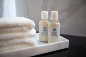 two bottles of soap and towels sitting on a bathroom counter at Elements Hotel & Shops Curaçao in Willemstad