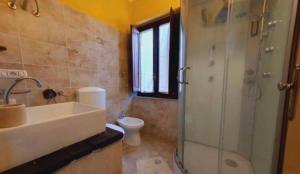 ein Bad mit einem Waschbecken, einer Dusche und einem WC in der Unterkunft Sant Antioco, la vista sulla laguna Q2127 in SantʼAntìoco