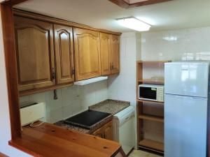 eine Küche mit Holzschränken und einem weißen Kühlschrank in der Unterkunft Apartamento de la Marmota Cerler in Aramón Cerler