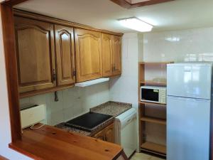 a kitchen with wooden cabinets and a white refrigerator at Apartamento de la Marmota Cerler in Cerler