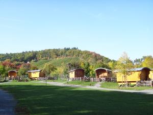 a group of cabins in a field with a hill at Natur-Resort Tripsdrill in Cleebronn