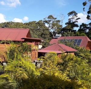 um grupo de casas com telhados vermelhos e árvores em Chontaqui Eco-Lodge em Oxapampa