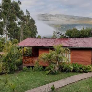 eine Holzhütte mit rotem Dach in einem Wald in der Unterkunft Chontaqui Eco-Lodge in Oxapampa