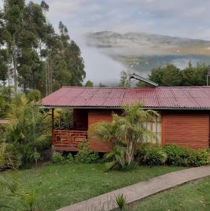 Cabaña de madera con techo rojo en un bosque en Chontaqui Eco-Lodge, en Oxapampa