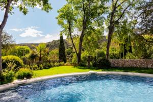 una piscina en un patio con árboles en Château de Collias, en Collias