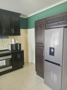 uma cozinha com armários de madeira e um frigorífico de aço inoxidável em The Furnished Apartments em Livingstone