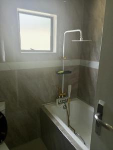 uma casa de banho com uma banheira, um lavatório e uma janela em The Furnished Apartments em Livingstone