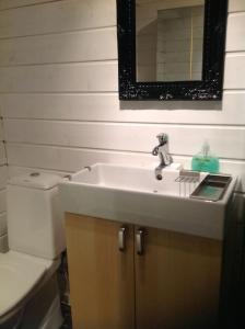La salle de bains est pourvue d'un lavabo, de toilettes et d'un miroir. dans l'établissement Mysig liten stuga i Vemdalen, à Vemdalen
