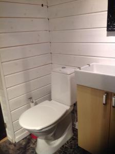 a bathroom with a white toilet and a sink at Mysig liten stuga i Vemdalen in Vemdalen