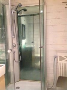 La salle de bains est pourvue d'une douche avec une porte en verre. dans l'établissement Mysig liten stuga i Vemdalen, à Vemdalen