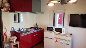 eine kleine Küche mit einer Spüle und einer Mikrowelle in der Unterkunft Cottage Morino Nakamatachi in Furano