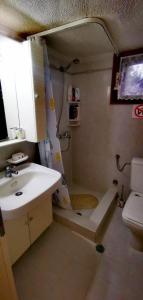 a bathroom with a sink and a shower and a toilet at Golden Summer Apartment in Nea Fokea
