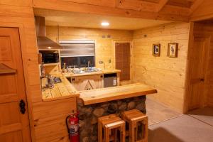a kitchen with a counter in a wooden cabin at Cabaña Loica - 2 Hermanos in Coihaique