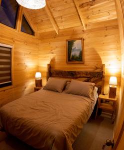 a bedroom with a bed in a wooden cabin at Cabañas 2 Hermanos in Coihaique