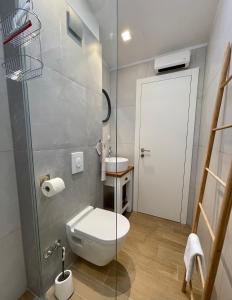 a bathroom with a toilet and a glass shower door at Sea La Vie in Pag