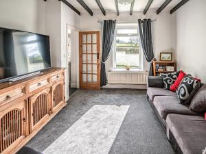 a living room with a couch and a flat screen tv at Bunny Meadows in Banc-y-felin