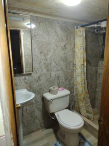 波哥大的住宿－La Casita de Chocolate 2，浴室配有卫生间、盥洗盆和淋浴。
