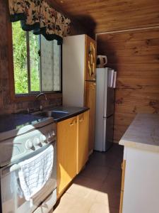 a kitchen with a stove and a sink and a refrigerator at Cabañas Aguas Claras in Pinto