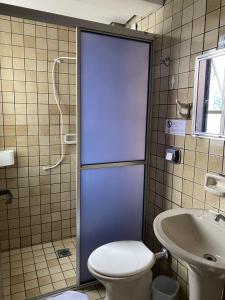 a bathroom with a toilet and a sink at Abdon Batista - Apto completo central, Smart TV in Joinville