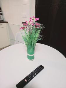 een vaas met roze bloemen en een afstandsbediening op een tafel bij Cosy appartement Pierrefitte sur seine proche Paris "Appart'1" in Pierrefitte-sur-Seine