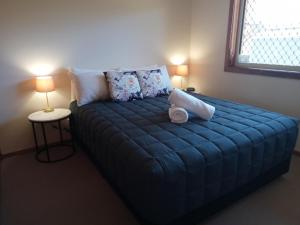 Forster Palms Motel في فورستر: سرير ازرق في غرفة بها مصباحين