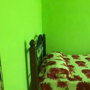 - une chambre verte dotée d'un lit avec un mur vert dans l'établissement GREENS HOMESTAY, à Sungai Besar