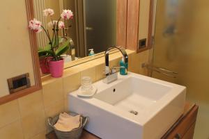 B&B La Ceresara في أسياجو: بالوعة بيضاء في الحمام مع مرآة