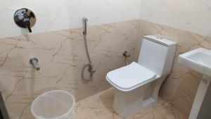 a bathroom with a toilet and a shower in it at Hotel Greenoz in Jaipur +51 photos
