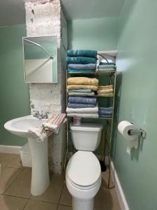 a bathroom with a toilet and a sink and towels at Little Haven in Highlands
