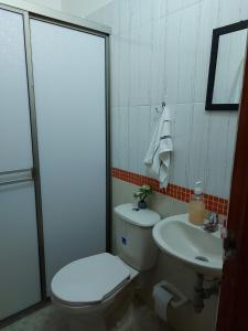 a bathroom with a toilet and a sink at Guio Apartamentos in San Antero