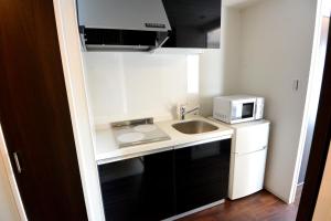 eine kleine Küche mit einer Spüle und einer Mikrowelle in der Unterkunft オリエントシティ南堀江ⅡL in Osaka