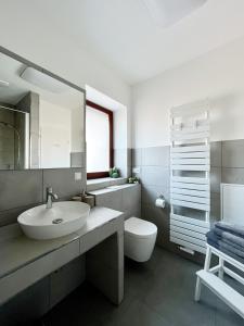ein Badezimmer mit einem Waschbecken, einem WC und einem Spiegel in der Unterkunft FeWo Jung in Falkensee