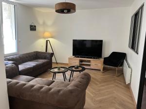 a living room with a couch and a flat screen tv at Loft Le Cosy cœur de ville stationnement privatif in Limoges