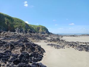 a beach with rocks and the ocean in the background at Maison Centre d'Hillion, a 300 M de la plage de l'Hôtellerie,jardin clos ,animaux bienvenus in Hillion