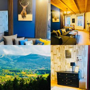a collage of pictures of a living room with a view at Apartament Górski 90m2 blisko centrum i wyciagu in Szklarska Poręba