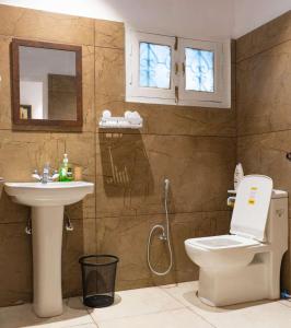 uma casa de banho com um WC, um lavatório e um espelho. em The Throne Paradise em Mussoorie
