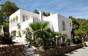 a white house with a palm tree in front of it at Hacienda Encanto del Rio in Santa Eularia des Riu