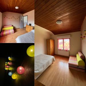 2 fotos de un dormitorio con cama y una habitación con en Logement avec vue panoramique à 10min des pistes en Sauto