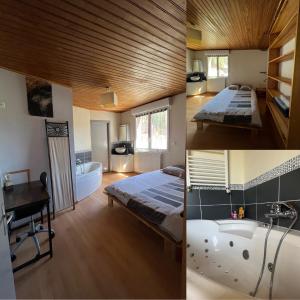 2 imágenes de un dormitorio con cama y bañera en Logement avec vue panoramique à 10min des pistes en Sauto