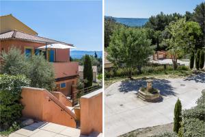 duas vistas para uma casa e um pátio em Domitia Roussillon Appartement Luberon em Roussillon
