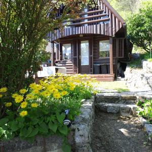 una casa con flores amarillas delante de ella en Wooden cabin with a view, en Idrija