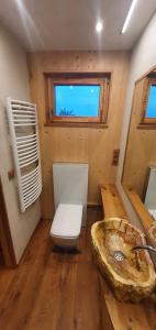 a bathroom with a sink and a toilet and a window at Villa Larix-Das Vollholzhaus direkt am Berzdorfer See in Görlitz