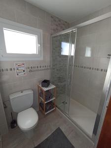 ein Bad mit einem WC und einer Dusche in der Unterkunft Apartamento 2 habitaciones con piscina/aire acondicionado/Wi-Fi in Cala en Porter
