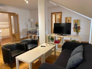 ein Wohnzimmer mit einem Sofa, Stühlen und einem TV in der Unterkunft Apartamentos Alfonso XIII in La Granja de San Ildefonso