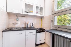 una pequeña cocina con armarios blancos y fregadero en Central Studio Apartment, en Székesfehérvár