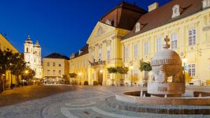 a building with a fountain in the middle of a street at Central Studio Apartment in Székesfehérvár